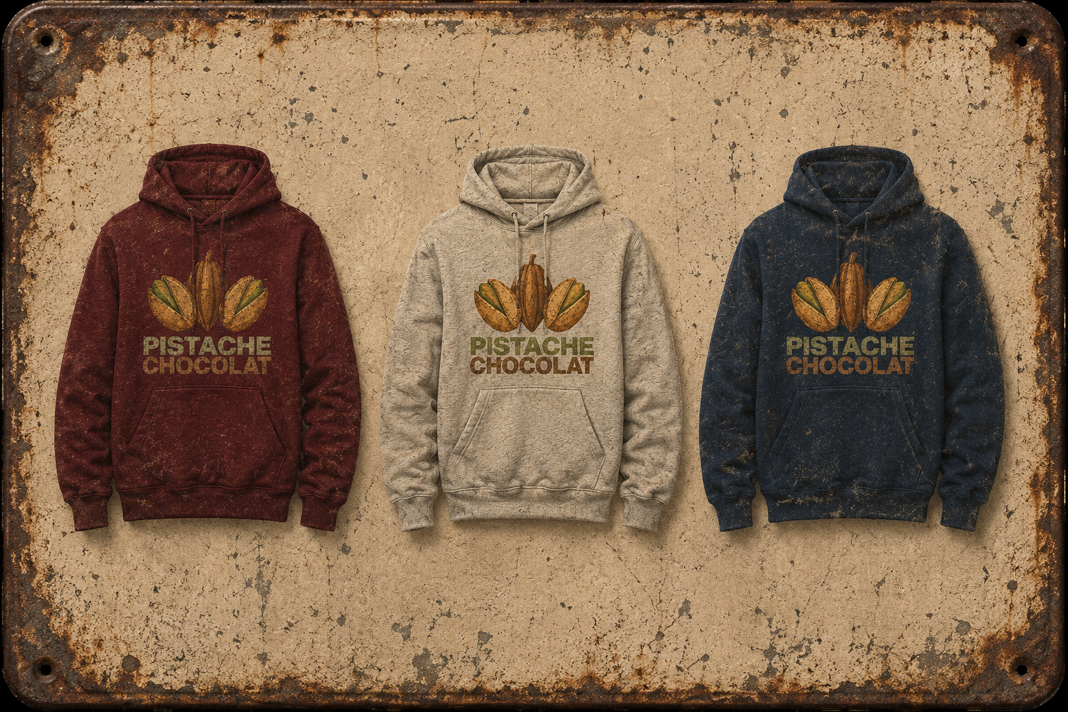 PistacheChocolat logo — pistachios and a cacao pod on a weathered cream background